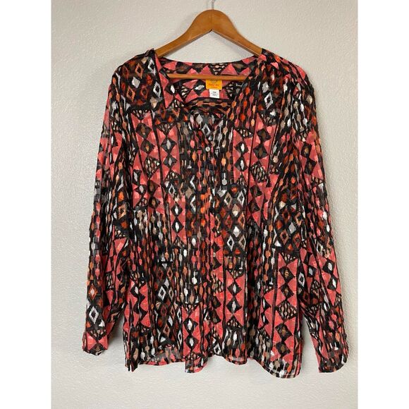 Ruby Rd. Women's Plus Size 20W Red Black Blouse Printed Sheer Roll Tab Sleeve - Picture 1 of 9